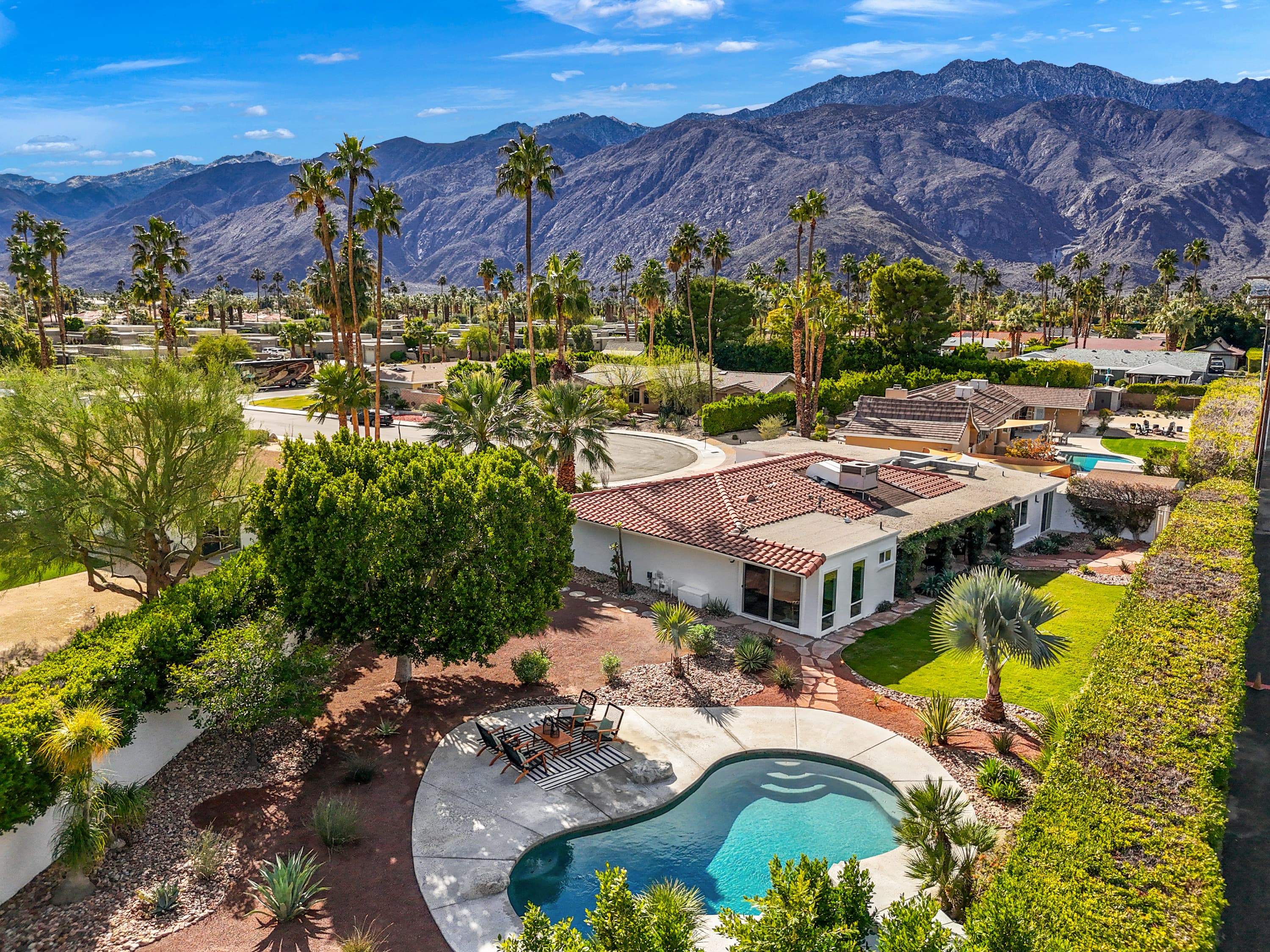 Aerial view of Maison de Vie against the San Jacinto mountains
